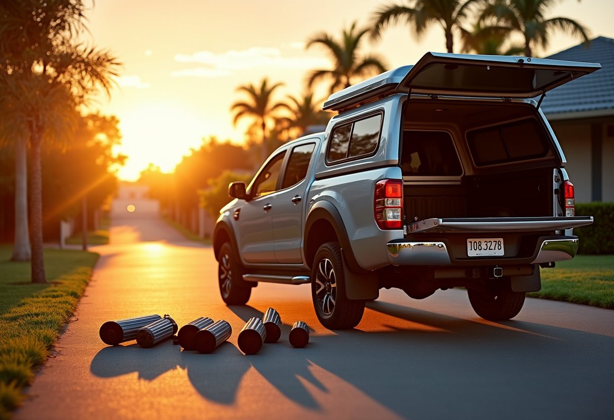 Technician ute with parts laid out at sunset — Taringa